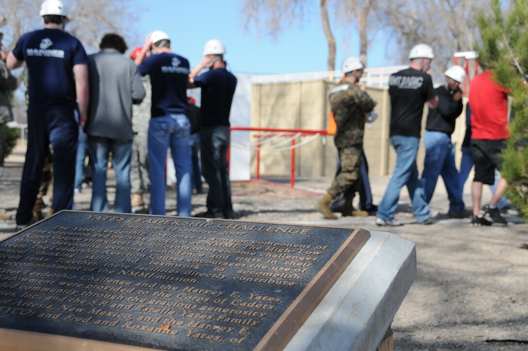 Officer candidates from Recruiting Station Albuquerque gear up and launch into the Yates Leadership Challenge Leadership Reaction Course Feb. 19, at the New Mexico Military Institute, Roswell, N.M. The candidates took part in the course to hone their leadership abilities in preperation for Officer Candidate School. The courese is made of multiple obstacles designed to sharpen leadership and problem-solving skills, as well as mental and physical agility.